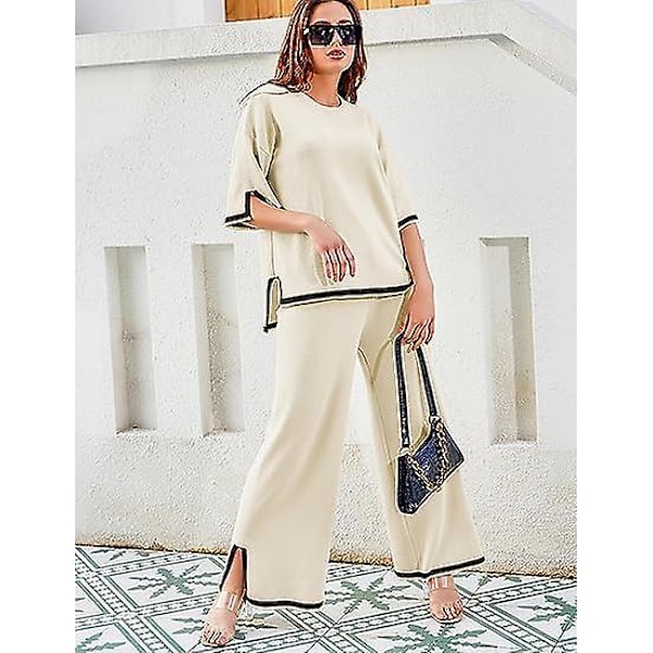 Fashion Kostym Färgkontrast Split Kortärmad Stickad + Högmidjade Slankande Vida Byxor Tvådelad Set Apricot M