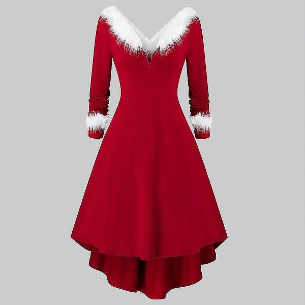 Julklänning för damer, långärmad, plysch, hög och låg, djup V-ringning, bar axel, stor swingkjol Red 2XL