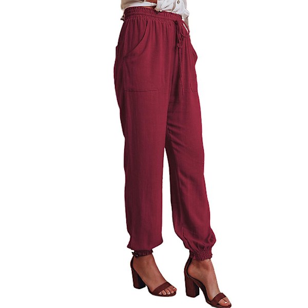 Dame Ensfarvede Joggingbukser med Elastisk Talje, Snøre og Snørebånd, Lange Afslappede Bukser Wine Red M