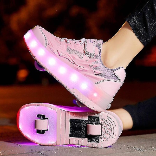 Childrens Sneakers Dubbelhjulsskor Led Light Skor Q7-yky Pink 35