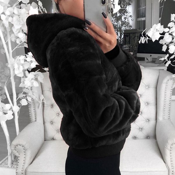 Kvinnor Fleece Fluffy Coat Hooded Jacka Ytterkläder Topp Black M