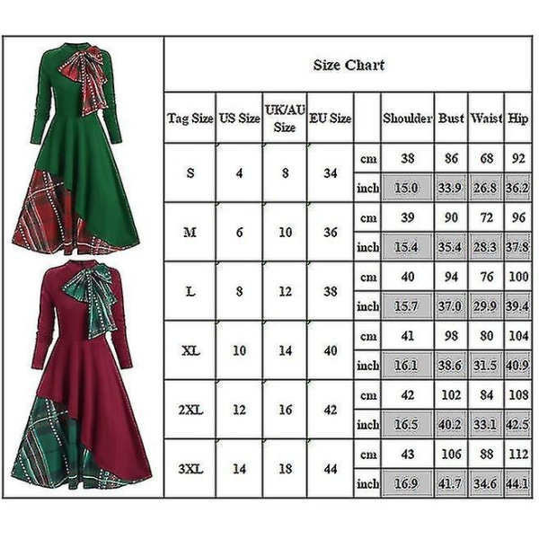 Kvinnor jul rutig rutig klänning Bowknot Xmas A-line svängklänningar Green XL