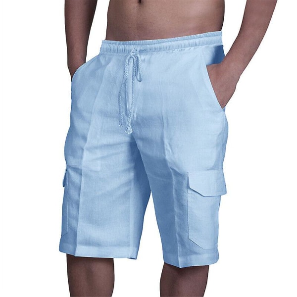 Herr Linne Bomullsblandning Cargo Shorts Dragsko Elastisk Midja Halvbyxor-3 Blue M