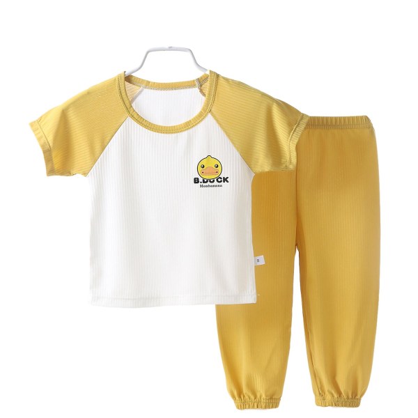 Sommar Barn Kortärmad Pyjamas med Långa Byxor Hudvänliga Sovkläder för Barn Pojke Flicka Raglan Yellow 120cm