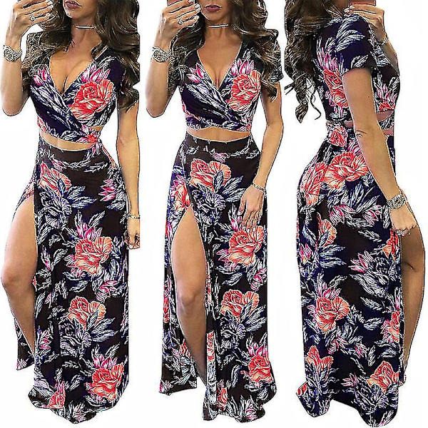 Dame V-hals Ferie Nederdel Sæt Print Crop Top Og Nederdele 2-delt Sæt Høj Talje Dragt Navy Blue S