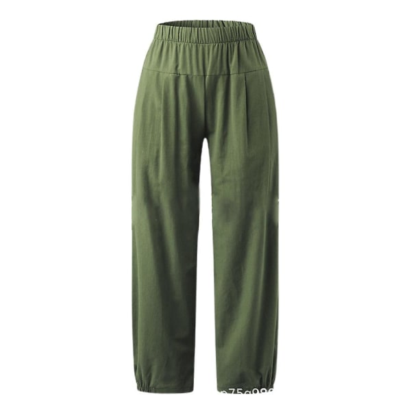 Dame Ensfarget Elastisk Midje Løse Cropped Bukser Sommer Casual Lange Bukser Army Green 2XL