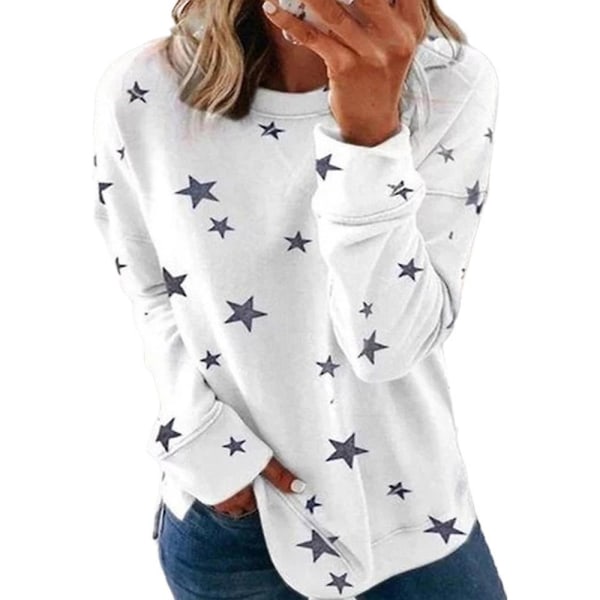 Kvinnor Casual Star Tryckt Långärmad Rund Hals T-shirt Tunika Toppar Blus Plus Storlek Höst White 3XL