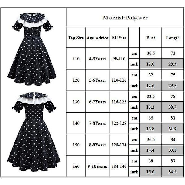 Wednesday Addams -asu, painettu lyhythihainen mekko, lasten tyttöjen vintage goottilainen asu, Halloween-roolileikki, cosplay, naamiaisasu 9-10 Years