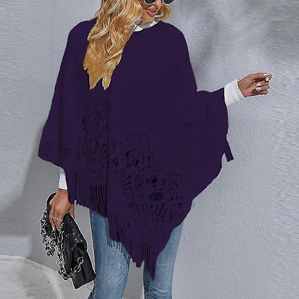 Dam Långärmad Poncho Tröja Ledig Arbets Pullover Cape Vinter Varm Stickad Kappa Deep Blue L