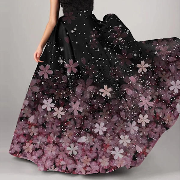 Elastisk midje blomsterprintet plissert A-linje maxi-skjørt for kvinner Pink M