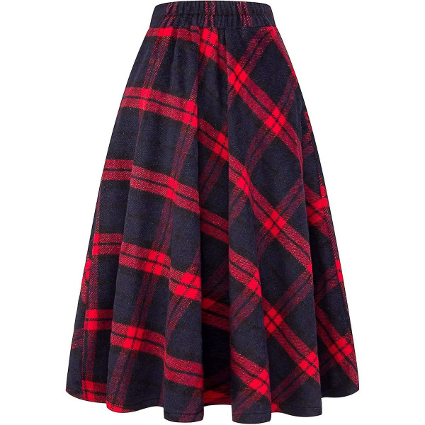 Dame Høy Elastisk Midje Maxi Skjørt A-linje Rutete Vinter Varm Flare Lang Skjørt L Long Red X-Large