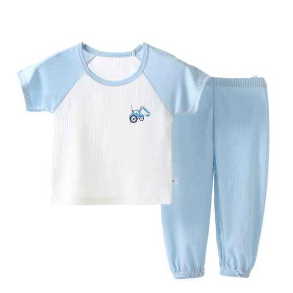 Sommar Barn Kortärmad Pyjamas med Långa Byxor Hudvänliga Sovkläder för Barn Pojke Flicka Raglan Blue 80cm