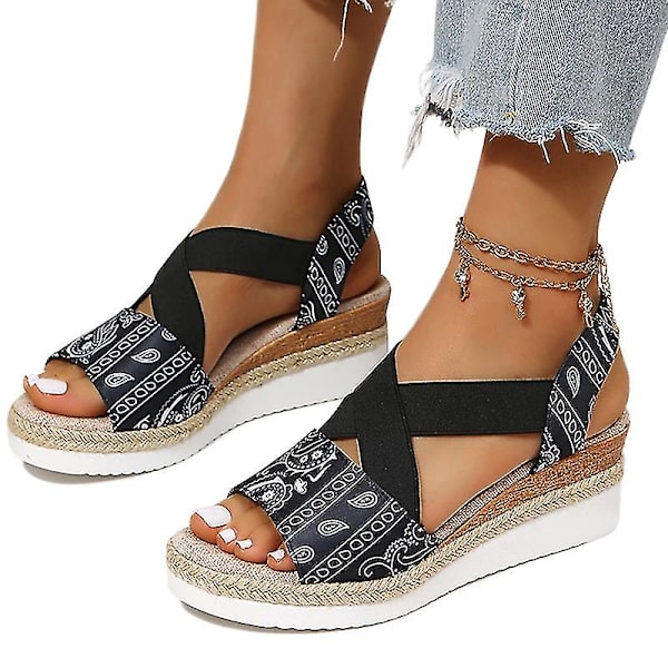 Naisten Juhla Espadrillokset Sandaalit Naiset Kävely Hengittävät Kiilasandaalit Rento Platform Retro Kengät Black EU 36