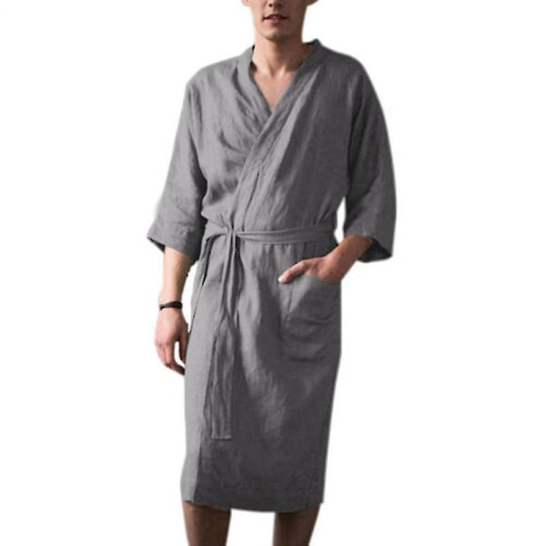 Badrock för män Bomull Linne Nattkläder 3/4 Ärm Sovplagg Badrock Morgonrock Grey M