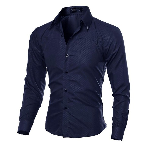 Men Argyle Pattern Slim Fit Dress Shirt Casual Långärmad Party Business Lapel T-shirt Navy Blue 3XL