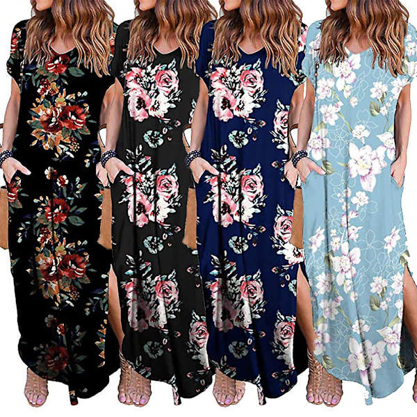 Naisten neulemekko, lyhythihainen, V-aukkoinen, rento, pitkä mekko, kesä, ranta, uusi Element Navy L