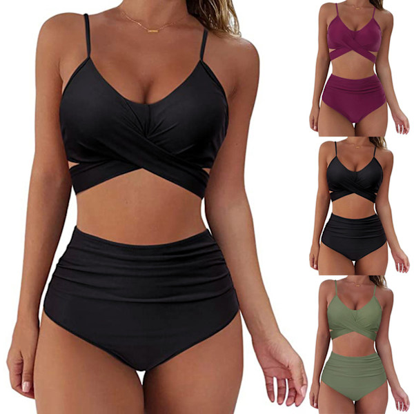 Omlott Bikini Set för Kvinnor Högmidjade 2-delade Baddräkter Black M