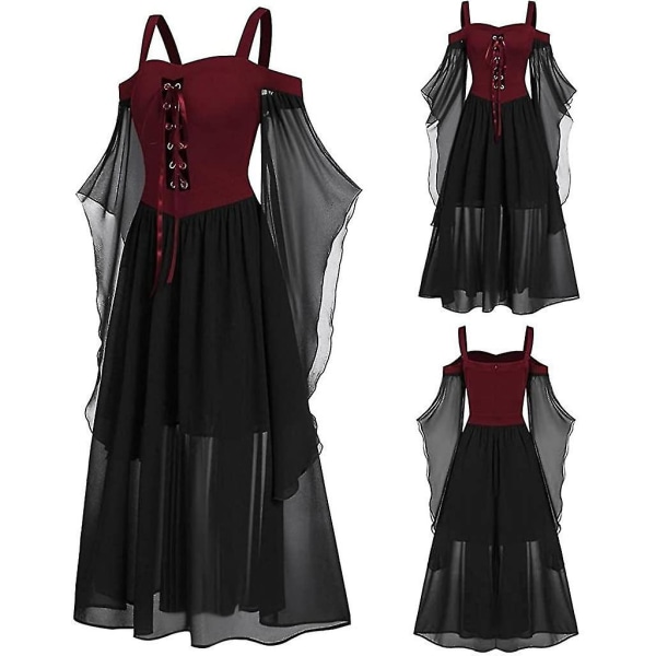 Maxiklänning med fjärilsärm för kvinnor medeltida punk gotiska kläder Sexig halloweenkostym Kallaxelkorsettklänningar A-red X-Large