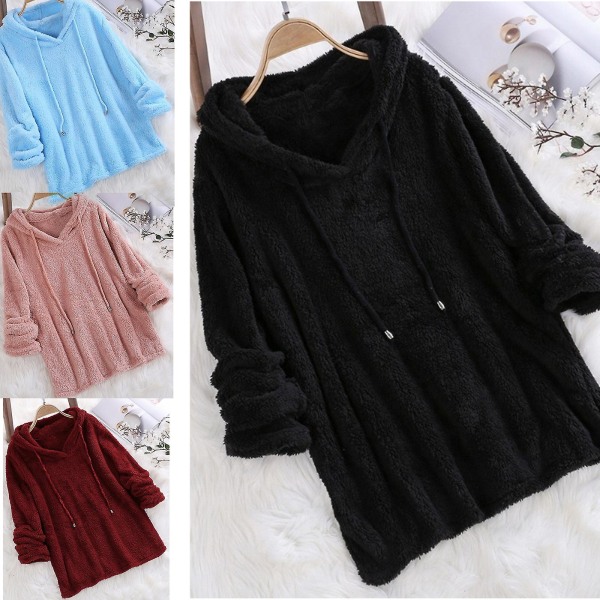 Plus Size Efterår Vinter Dame Langærmet Hætteklædte Plysset Fluffy Hættetrøjer Fleece Pullover Pyjamas Løs Wine Red XL