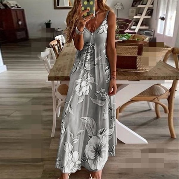 Kvinnors Casual Sommar Boho Maxi Klänning Spaghetti Rem Sleeveless Blommig Tryck V-hals Strand Långa Solklänningar Plus Storlek Grey M