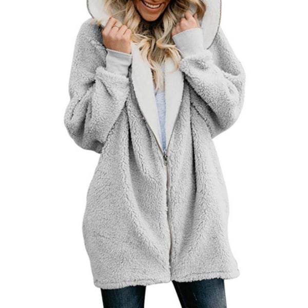 Damkofta Dragkedja Lös Enfärgad Splicing Hooded Ull Plysch Jacka Kappa Gray 4XL