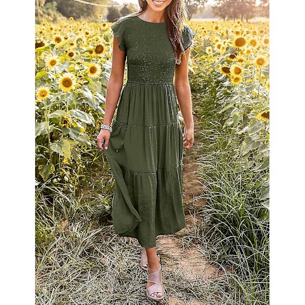 Sommarklänning för damer, ledig, med korta fjärilsärmar, rund hals, smockad resår i midjan och volangkjol i midilängd Armygreen XLarge