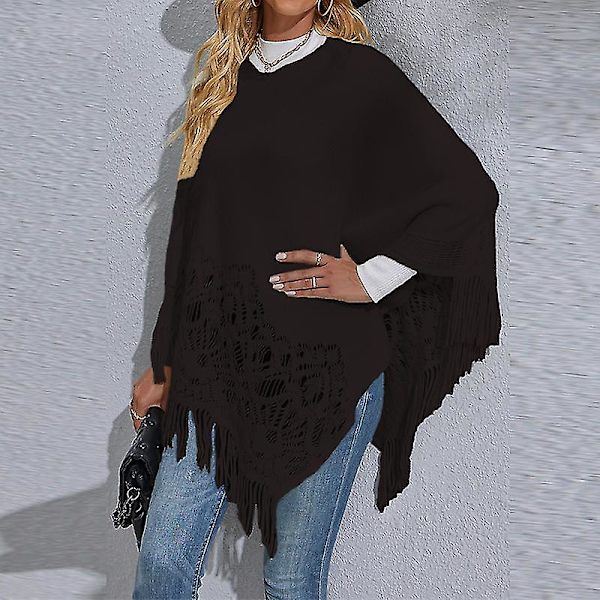 Dam Långärmad Poncho Tröja Ledig Arbets Pullover Cape Vinter Varm Stickad Kappa Black L