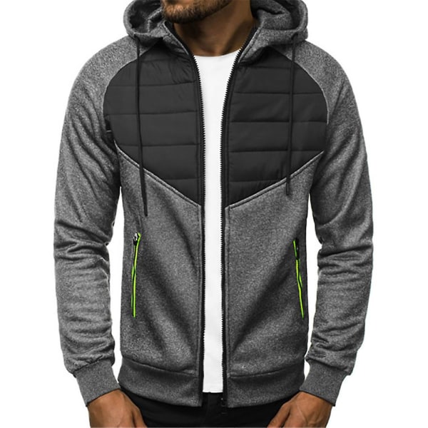 Herr Patchwork Vadderad Quiltad Jacka Vinter Varm Dragkedja Upp Hoodie Kappa Ytterkläder Dark Grey M