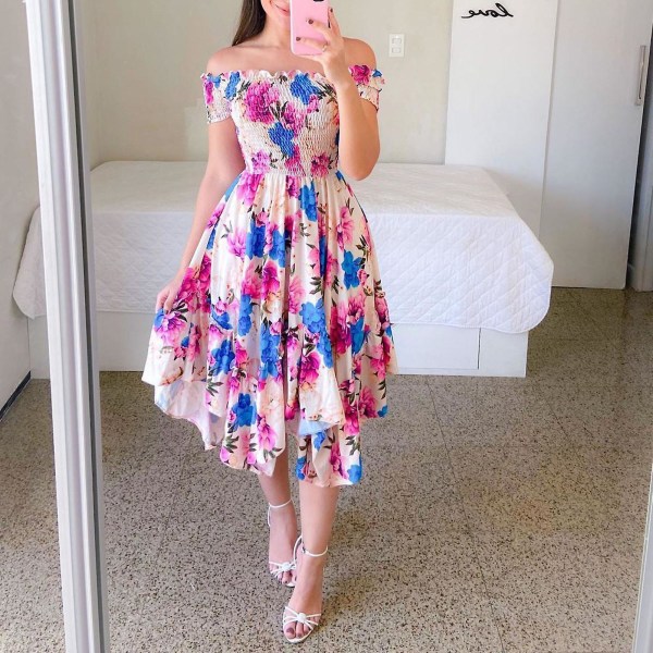Dame Blomsterprint Off Shoulder Kjole Elegant Stropløs Maxikjole Til Strandbrug Violet M