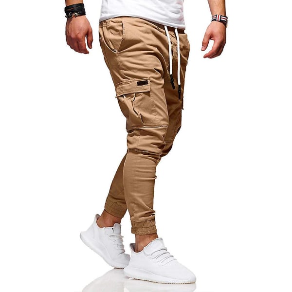 Herre Ensfarvede Cargo Combat Lange Joggingbukser Sports Gym Casual Bukser med Snøre Khaki L