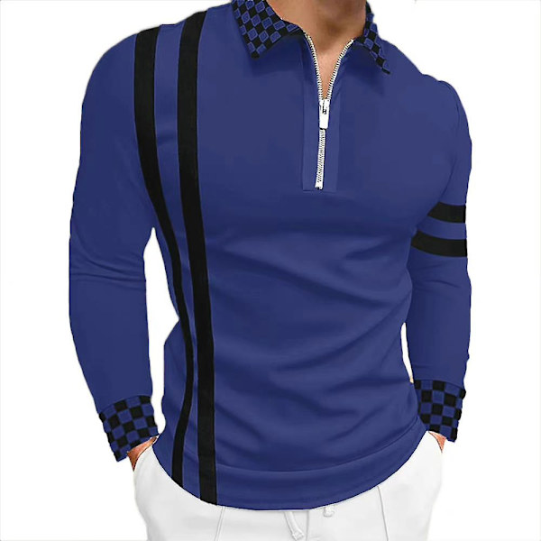 Herre Stripete Rutete Trykk Glidelås V-hals Polo Skjorte Casual Slim Fit Langermet Stilig T-skjorte Topper Dark Blue 3XL
