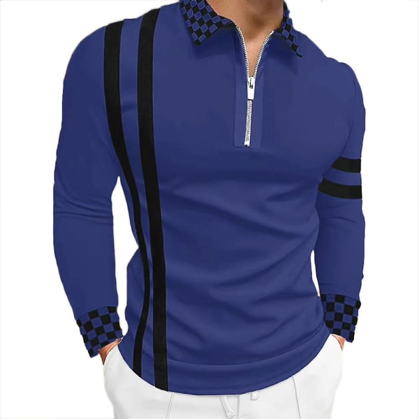 Miesten raidallinen ruudullinen vetoketjullinen V-kauluspoolopaita, rento slim fit, pitkähihainen tyylikäs T-paita Dark Blue 2XL