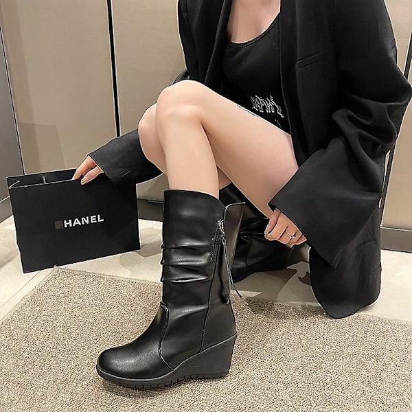 Dam svarta midcalf-stövlar med dragkedja mångsidiga bekväma mjuka skor för kvinnor vardagskläder Black Single Lining 41