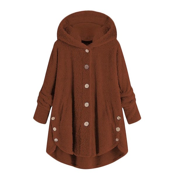 Mile Dame Oversized Sherpa Jakke Med Lommer Rutete Fleece Hettegenser Vinter Yttertøy Brown 2XL