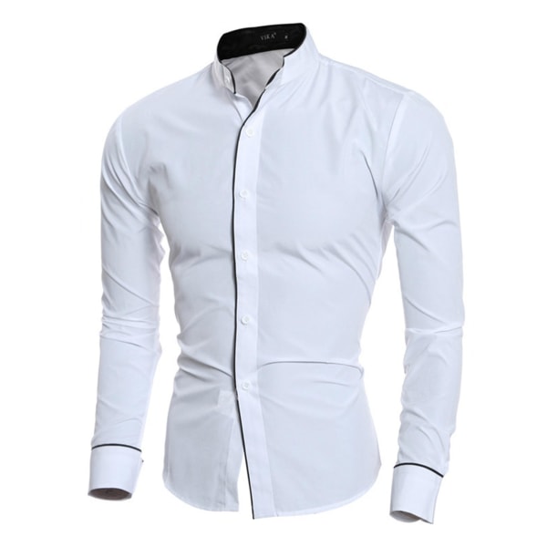 Herre Ensfarvede Afslappede Band Neck Skjorter Langærmet Slim Fit Button-up Skjorte Business Toppe White M