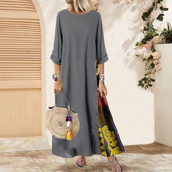 Dame Retro 3/4 Ærme Kjole Blomsterprint Plus Size Kjole Til Strandbrug Gray 2XL