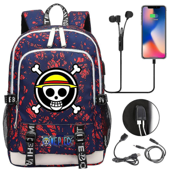 Skolesekk for tenåringer - One Piece-trykket USB-skolesekk for menn og kvinner - Casual reisesekk 7
