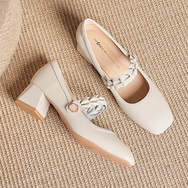 Kvinnor Mary Jane Klackar Ankelrem Pumps Chunky Klänningsskor Beige Beige 37