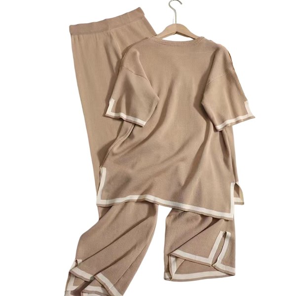 Damstickad kortärmad tröja Toppar och byxor i fast ventilerande tyg Lös topp & shorts för kvinnor, flickor och damer Khaki M