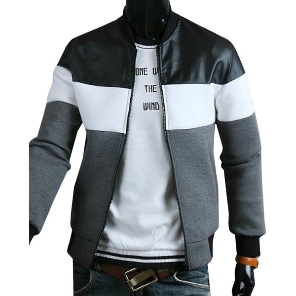 Bomberjakke til mænd Biker Lynlås Jakke Patchwork Overtøj Toppe Dark Grey 2XL