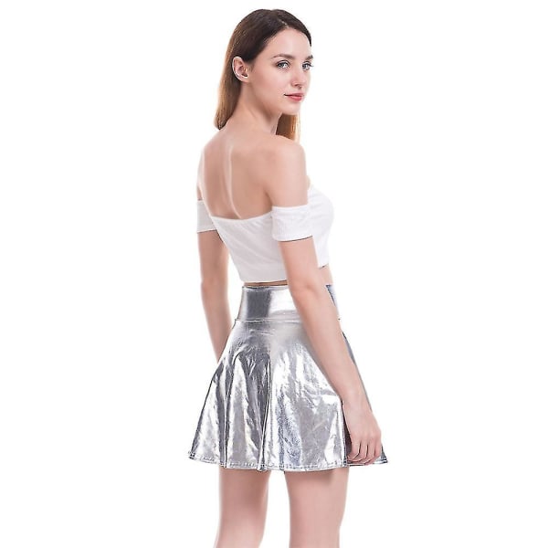 Dame A-linje Mini Nederdele Klub Bar Fest Pu Læder Høj Talje Skinnende Scene Mini Kjole Silver S