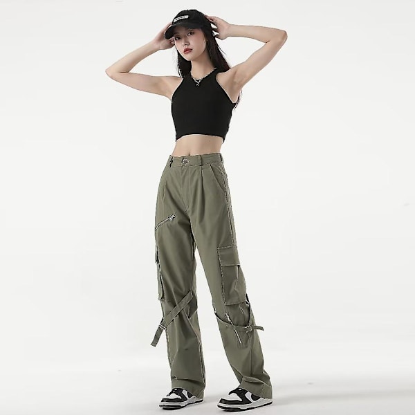 High Street Hip-hop Dragkedja Dekorerad Multi-ficka Tranbyxor Dam Hög Midja Hip-hop Spice Girls Lösa Raka Casual Byxor Dam GREEN 3XL