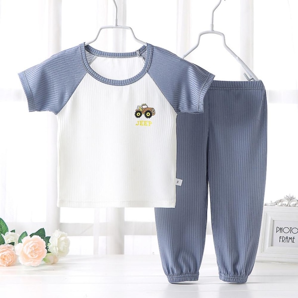 Sommar Barn Kortärmad Pyjamas med Långa Byxor Hudvänliga Sovkläder för Barn Pojke Flicka Raglan Green 110cm