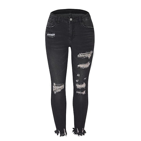 Dam Trasiga Boyfriend Jeans Denim Ripped Frayed Byxor Slim Fit Black XL