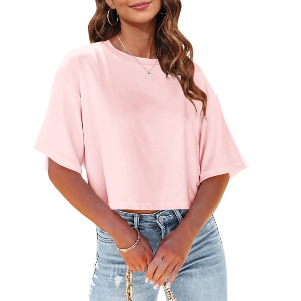 Kvinnor Halvärmad beskuren T-shirt Drop Shoulder Rundhalsad Crop Tops Casual Sommar Enfärgade T-shirts Pink XL