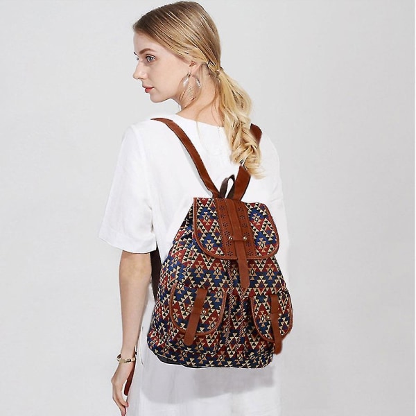 Etnisk stil retro mönster ryggsäck canvas damväska mode personlighet resor dragsko liten B color-2