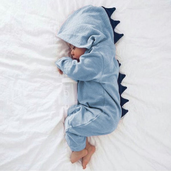 Småbørn Børn Dinosaur Hætte Romper Pyjamas Langærmet Jumpsuit Nattøj Blue 6 Months