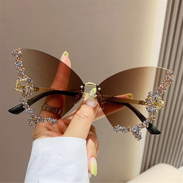 Dam Rhinestone Butterfly Shape Solglasögon Mode Vintage båglös Lyx Bling Solglasögon Holiday Beach Glasögon A