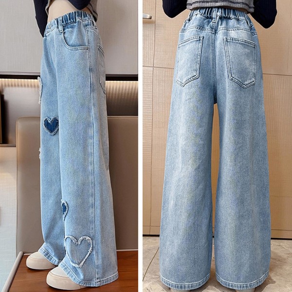 Flickor vida ben jeans med elastisk midja, hjärtmönstrade tryckta jeans för semester, vardagskläder, skola Blue 170
