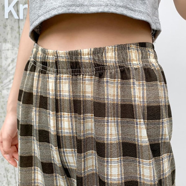 Lediga byxor för kvinnor, mångsidiga byxor med elastiskt midjeband, lös passform för vår och sommar Yellow Grid L